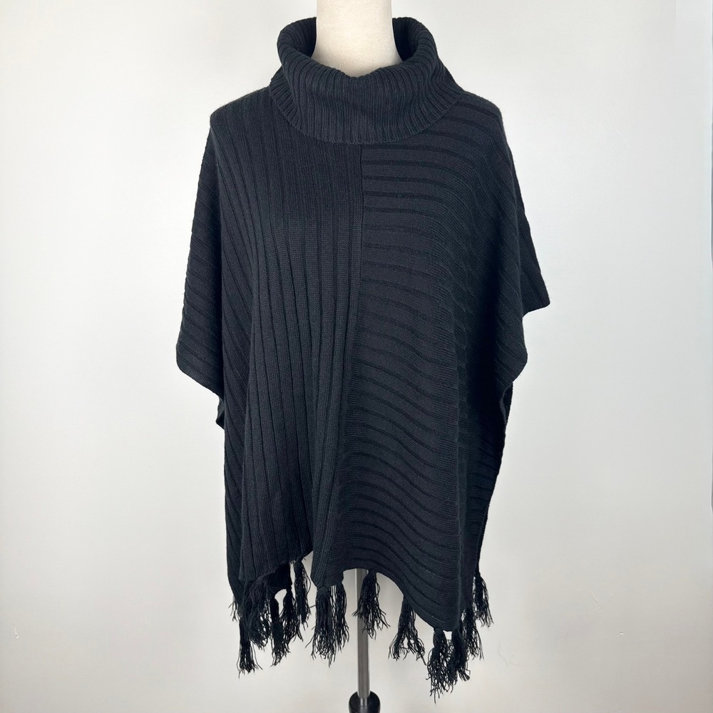 The Limited Black Ribbed Knit Turtleneck Poncho Sweater with Tassels Size‎ M/L